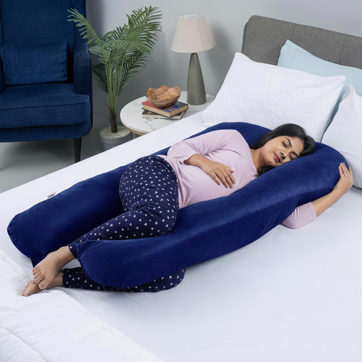 BabyPro U-Shaped Pregnancy Pillow with Silky Cooling Velvet Cover, Maternity Body Pillow for Sleeping, Back Pain, Head, Belly, HIPS & Knees Relief & Full Body Support Cushion for Pregnant Women, Blue-image-41