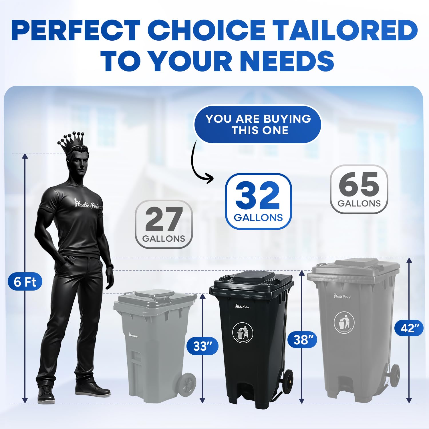 PLASTIC PRINCE 32 Gallon Step-On Large Outdoor Trash Can with Lid and Wheels - Outside Plastic Rolling Garbage Can - Rollout Commercial Heavy-Duty Container Barrel, Gray