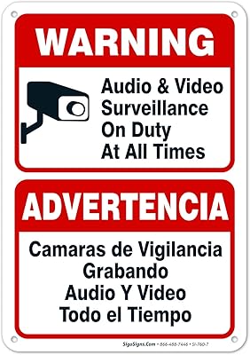 Audio & Video Surveillance Sign, Bilingual English Spanish, 10x7 Inches, Rust Free .040 Aluminum, Fade Resistant, Made in USA by Sigo Signs