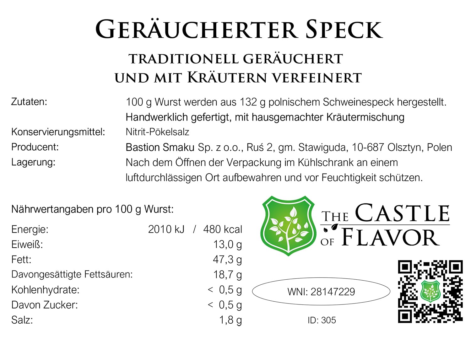 Geräucherter Speck – traditionell geräuchert und mit Kräutern verfeinert- Wurstwaren 400g - Trockenwurst - Rohwurst - Dauerwurst am Stück - Trockenfleisch - getrocknete Wurst Snack
