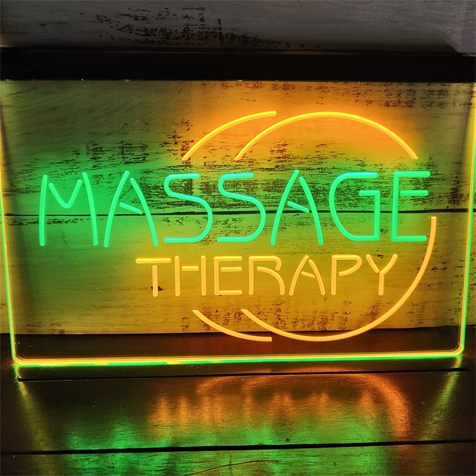 REWIS Massage Therapy LED Neon Sign, Custom USB Powered Dual Color 3D Engraved Neon Lights with Dimmer, for Spa Beauty Salon Wall Hanging Dimmable Decorative,Green Yellow,40x30cm