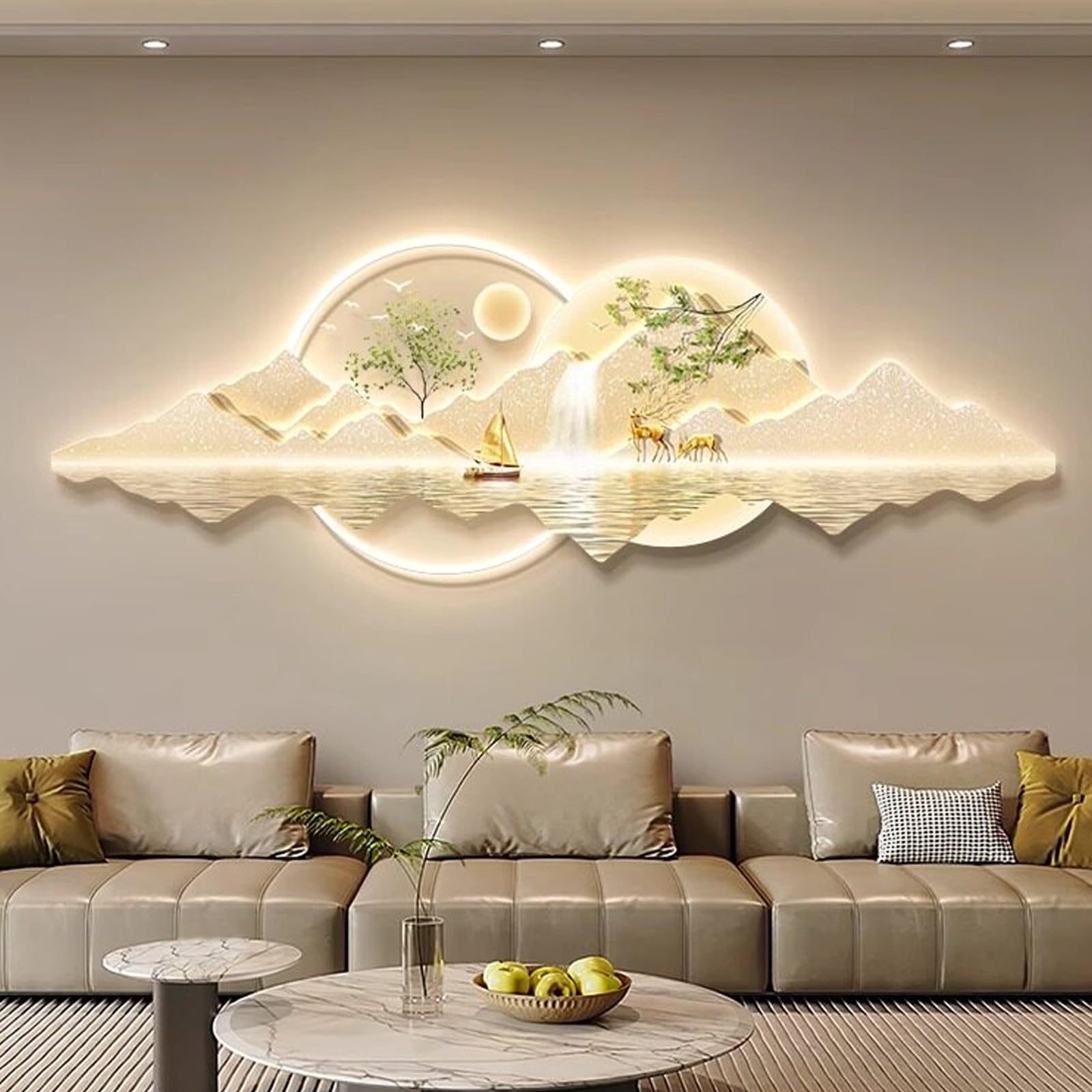 Cuadro de porcelana cristalina con iluminación LED y relieve 3D de alta gama para salón moderno