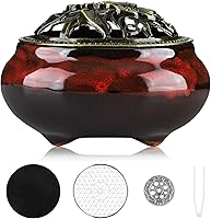 Handmade Ceramic Incense Burner with Metal Lid - Zen Meditation Holder, Yoga Altar Decor, Large Ash Catcher (Fumbe Red)