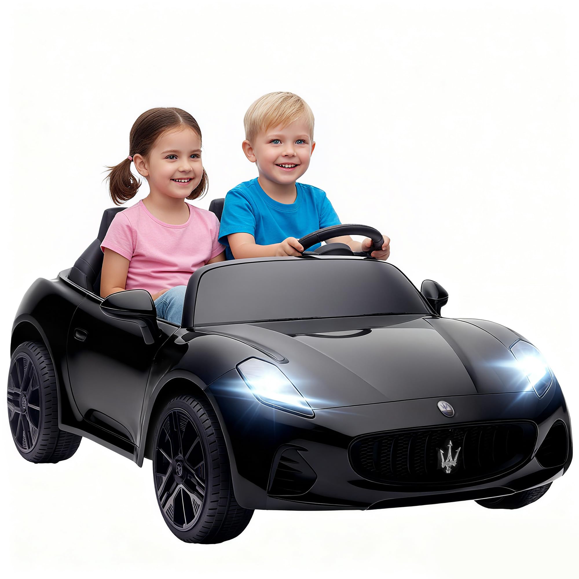 AIYAPLAY Kinder Elektroauto Maserati 12V 2-Sitzer Kinderauto Schwarz | 2,4 GHz Fernbedienung, 2 Motor, Elektrofahrzeug mit Federung, Musik, USB, Hupe, LED-Leuchten, für 3-8 Jahre, 3-8 km/h