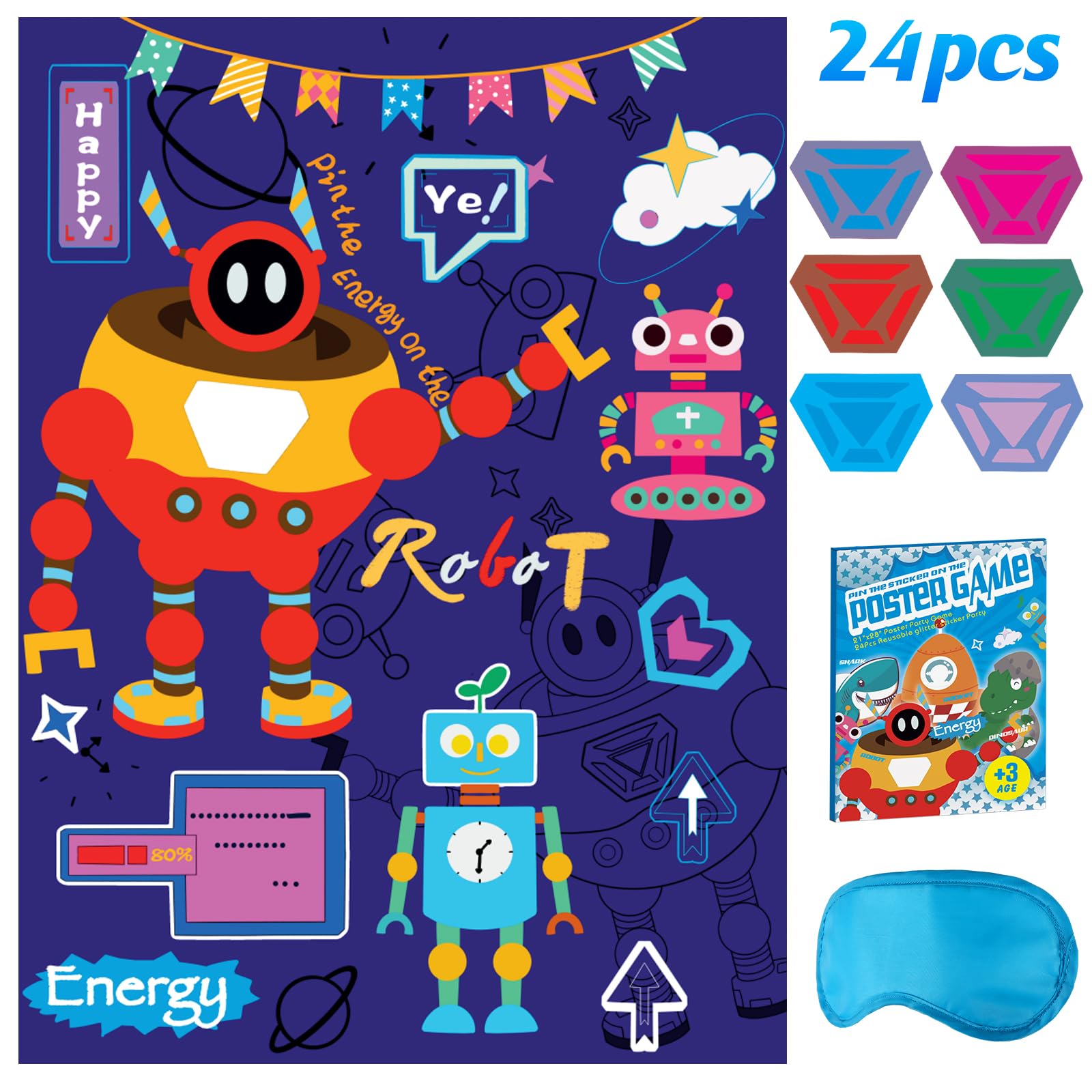 Pin The Tail Birthday Party Games - 21'' x 28'' Robot Party Game 24 Reusable Stickers Party Games for Kids, Kids Party Games (Robot)