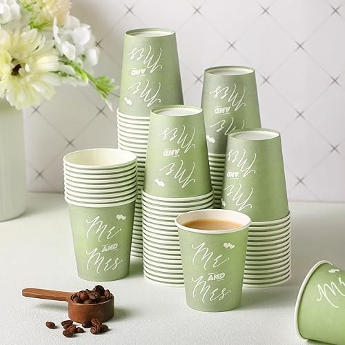 Miniatura 2 de Fulmoon 100 vasos de papel verde salvia de 9 onzas, vasos de papel desechables Mr and Mrs para boda, despedida de soltera, tazas de café, bebidas de