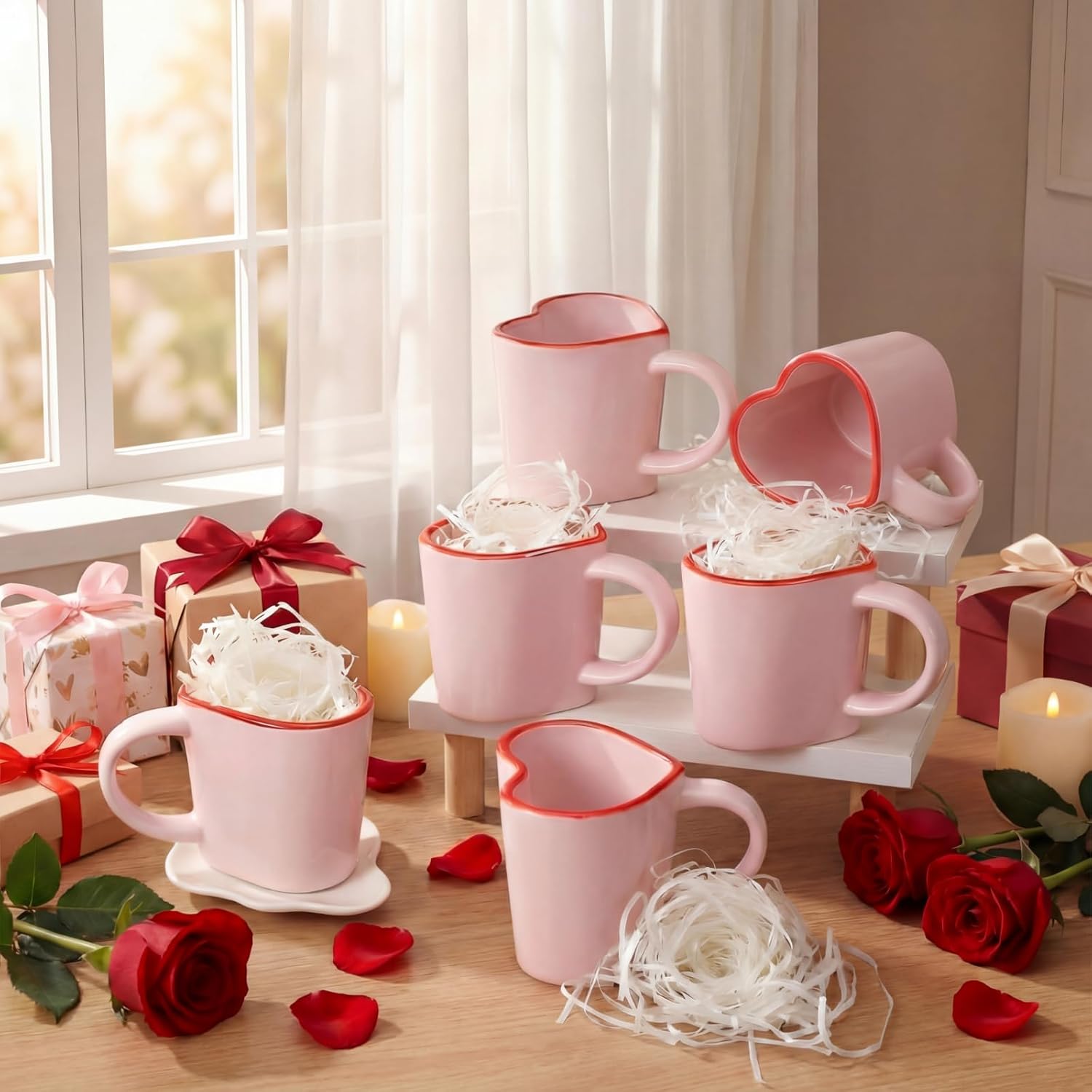 Qinyoung 6 Pcs Heart Shaped Mugs 10 oz Pink Ceramic Mugs Pink Heart Coffee Cups Birthday Gifts for Girlfriend Goodies Basket