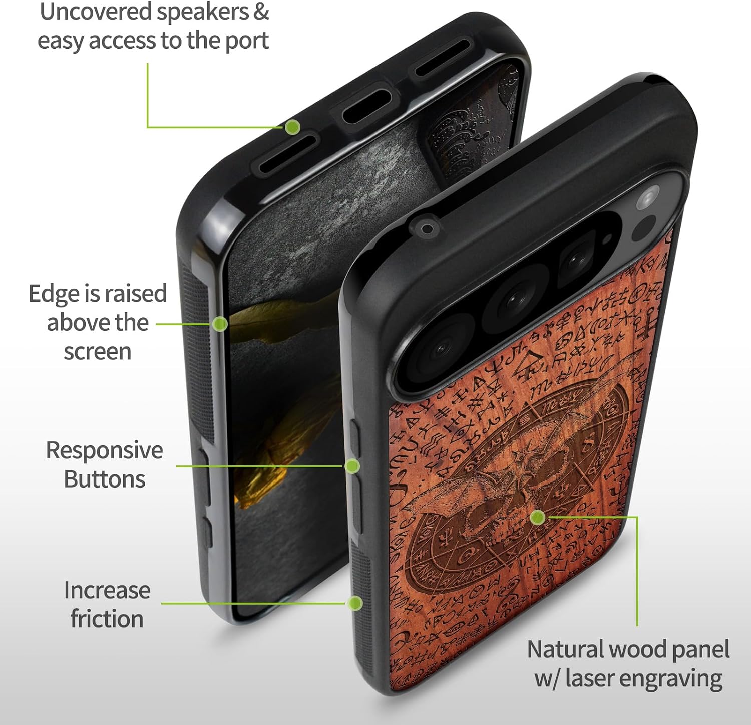 Carveit Magnetic Wooden Case for Google Pixel 10 Pro XL Case, Wood Artisan Engraved & Soft TPU Shockproof Cover, Compatible with MagSafe Wireless Chargers (Bat and Skull) Rosy
