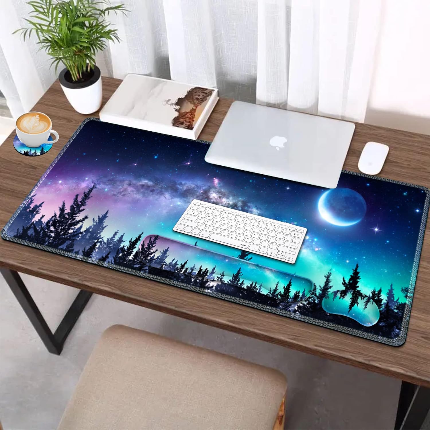 AIMSA Large Gaming Mouse Pad Set, Keyboard Wrist Rest Support + Extended Mouse Pad + Mouse Wrist Cushion + Coaster, Ergonomic Memory Foam Multifunctional Desk Mat 35x15.7inch (Forest Moon Sky) - Image 6