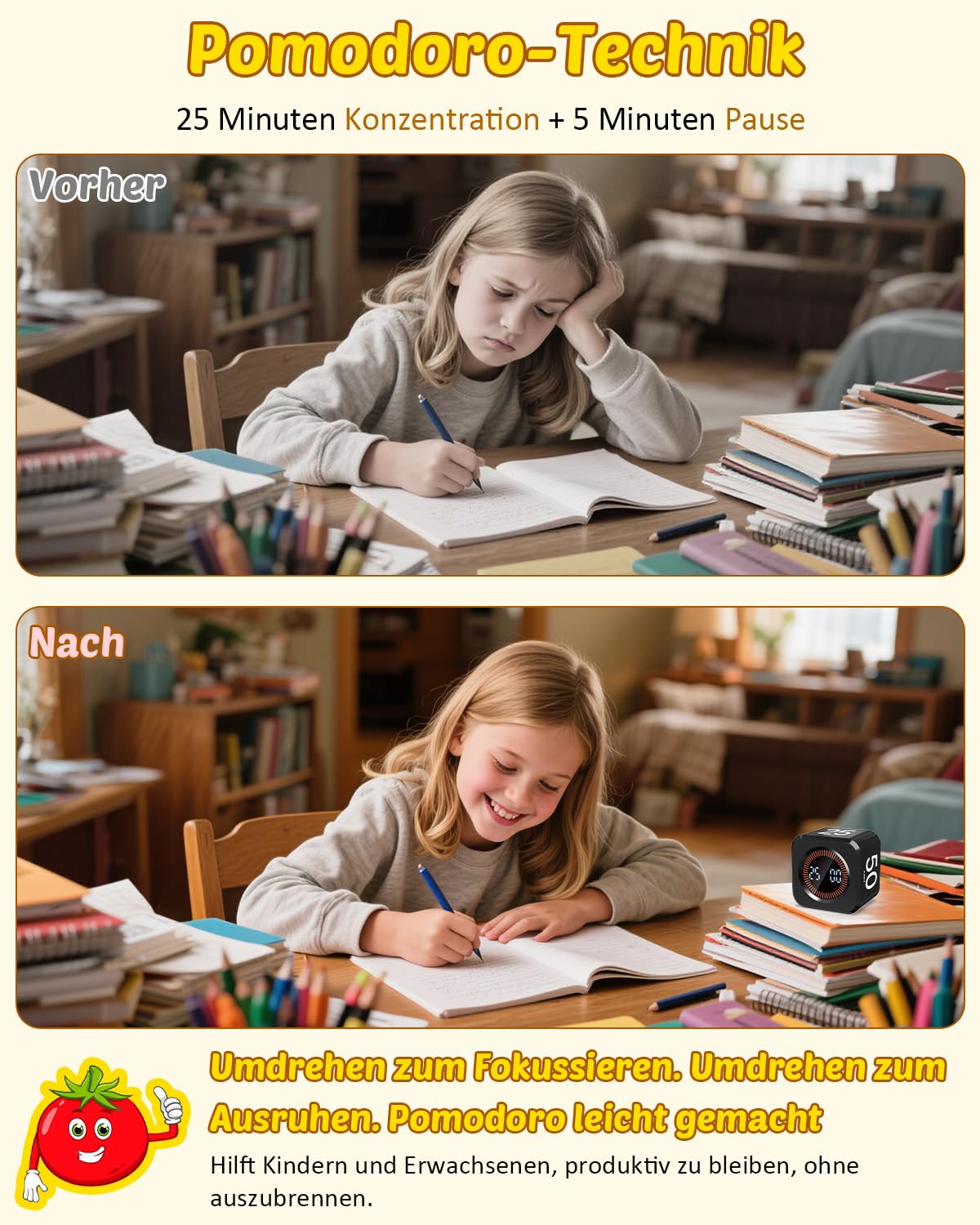 Pomodoro Timer Cube, Visueller Würfel-Timer für Kinder, Digitale LED Drehbarer Timer mit 5/10/25/50 Min & Custom Countdown, Lautlos/Ton Modi, USB-C für Lernen, Arbeit, Küche, ADHS (Schwarz)