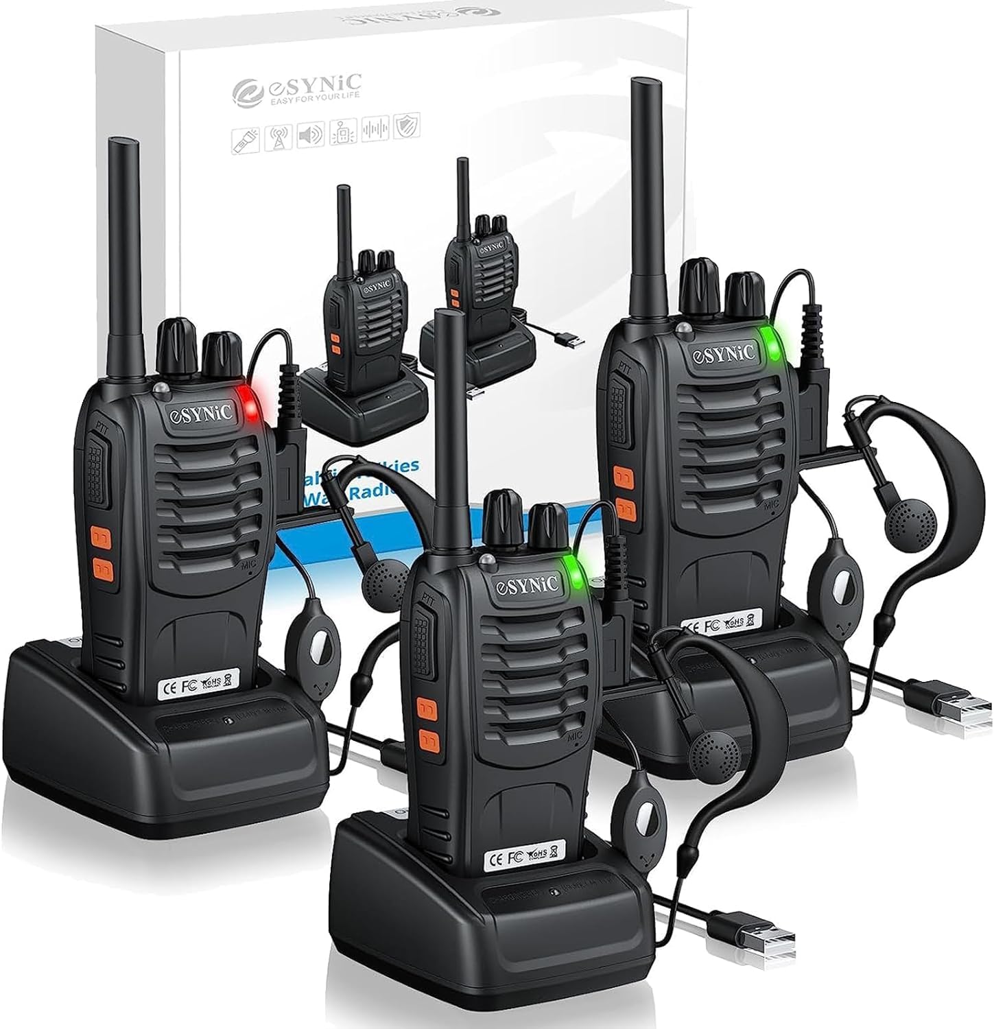 eSynic 4PCS Walkie Talkies de Larga Distancia con Auriculares Walkie-Talkie Profesional 16 Canales 1500mAh con Cargador USB Soporta VOX para Sobrevivir en el Campo Ciclisimo — view 12