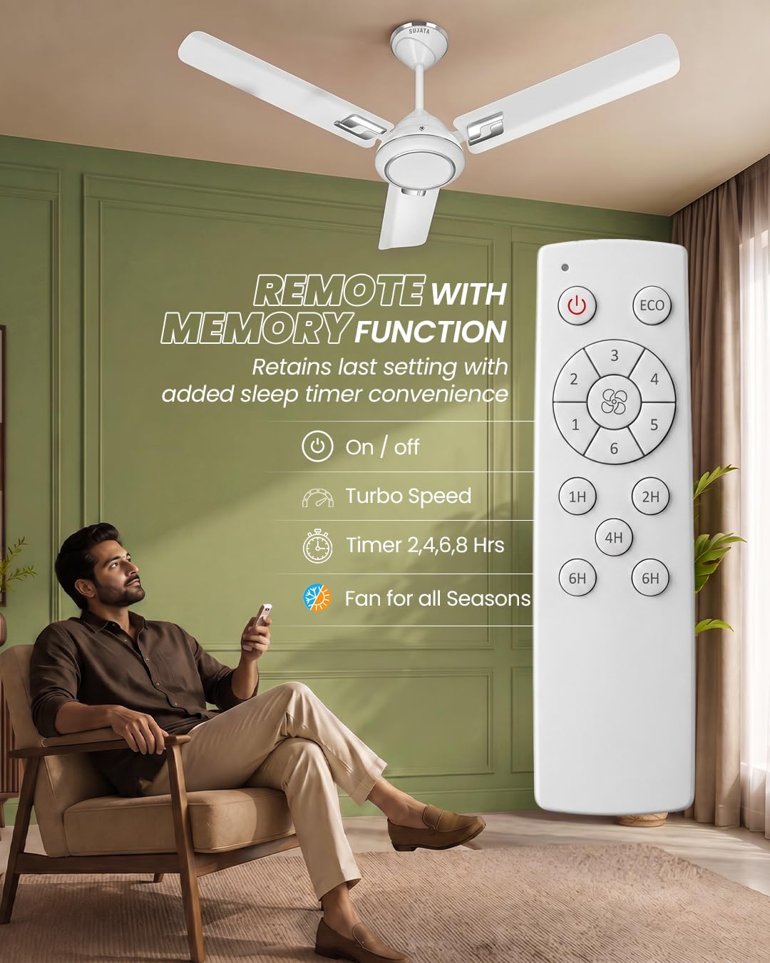 Sujata Kinetica BLDC Ceiling Fan 1200mm | 3 Years Warranty | Ceiling Fan for Living Room & Bedroom, Remote Fans Ceiling Fans 5 Star BEE Rating, Powerful Airflow, Savings Upto 60% (White Chrome) 3
