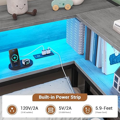 Miniatura 5 de Hasuit - Base de cama esquinera de tamaño matrimonial con cajones de almacenamiento y cabecera con estantería, plataforma de metal, estación de