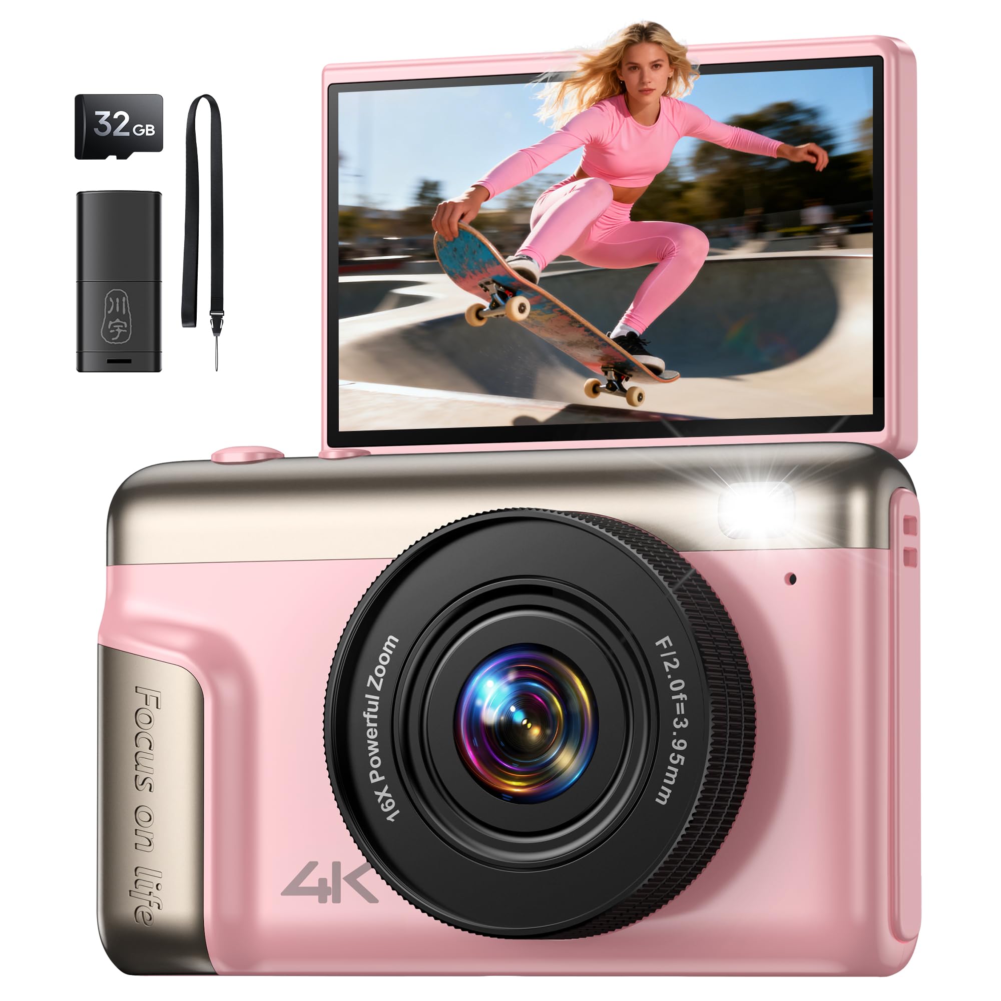 4K Digitalkamera Kamera Fotokamera Kinder: 64MP Kompaktkamera mit 16X Digital Zoom & 2-Zoll IPS Klappdisplay - Geschenk Ab 8-18 Jahre Teenager Kids/Anfänger - Mini Retro Vlog Camera - Rosa