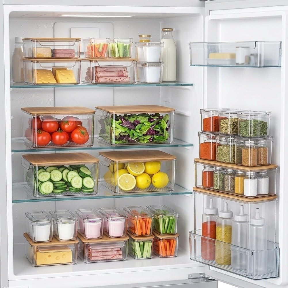 Organizadora Nevera PET Transparente con Tapa para madera Organizadora(Fourteen-piece set) | PET transparente, tapa para madera natural, tabla cortar integrada, , para fácil manual