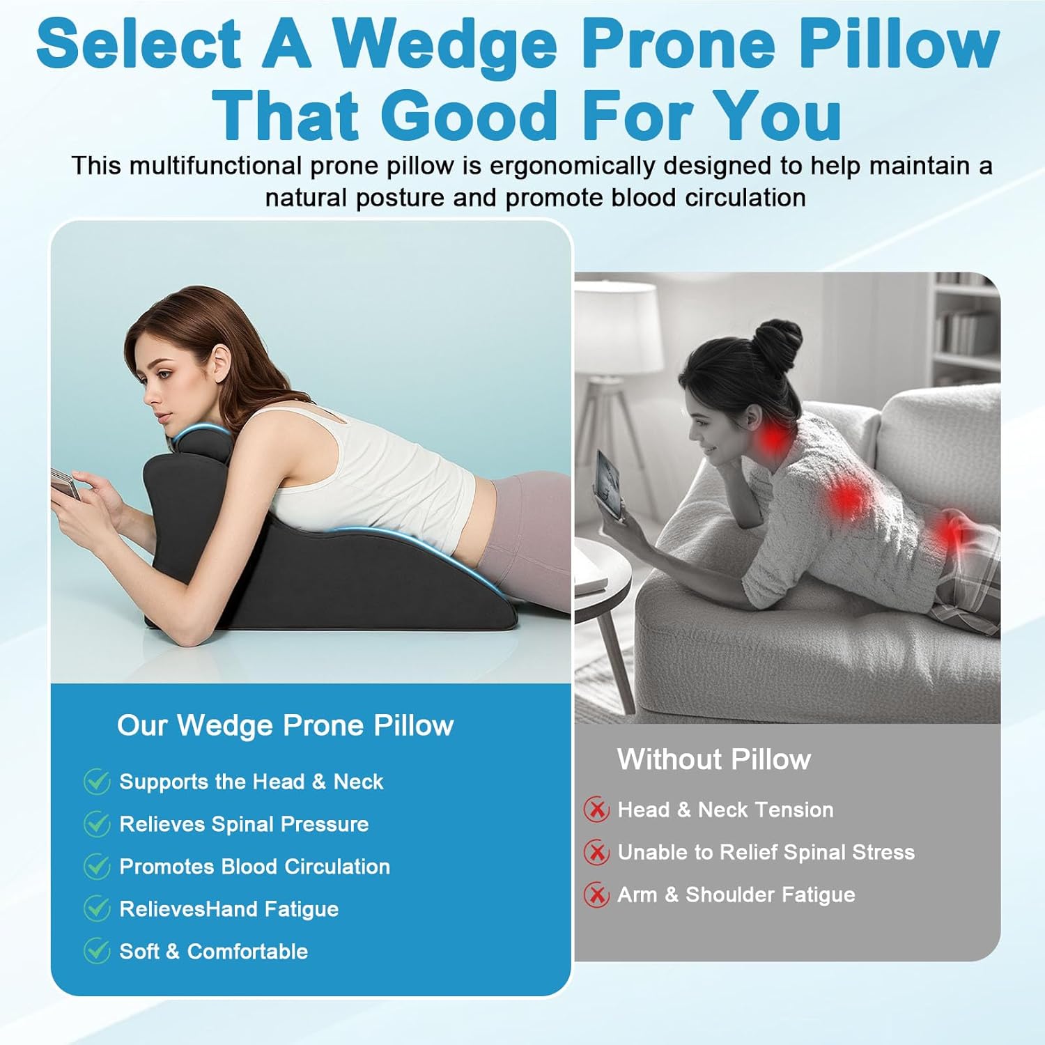 Memory Foam Wedge Pillow for Adults, Multi-Position Support Bed Pillow with Removable Cover for Sleeping Sitting Up Prone Reading Back & Knee Support Leg Elevation (Black)