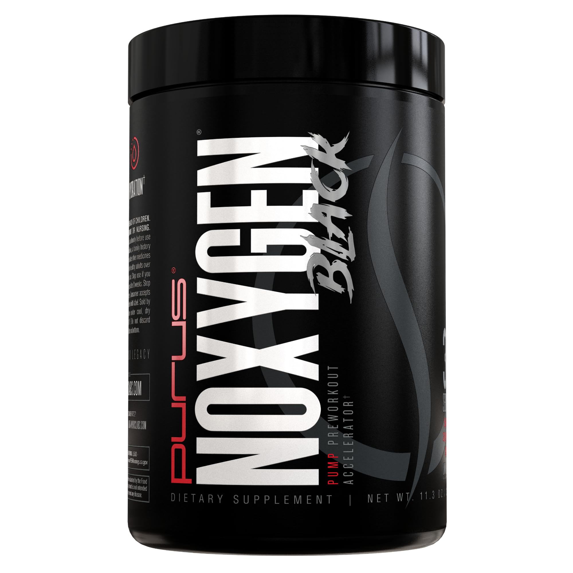 Purus Labs NOXygen Black Powder, suplemento em pó para pré-treino com nitrato de sódio, nitrato de betaína e glicerol, 30 porções