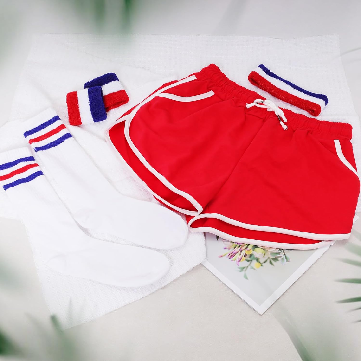 Fumwase 6Pcs 80s Workout Costume Outfit Set Running Shorts Sweatband Wristbands Striped-Tube Socks for Men Halloween Cosplay - Image 5