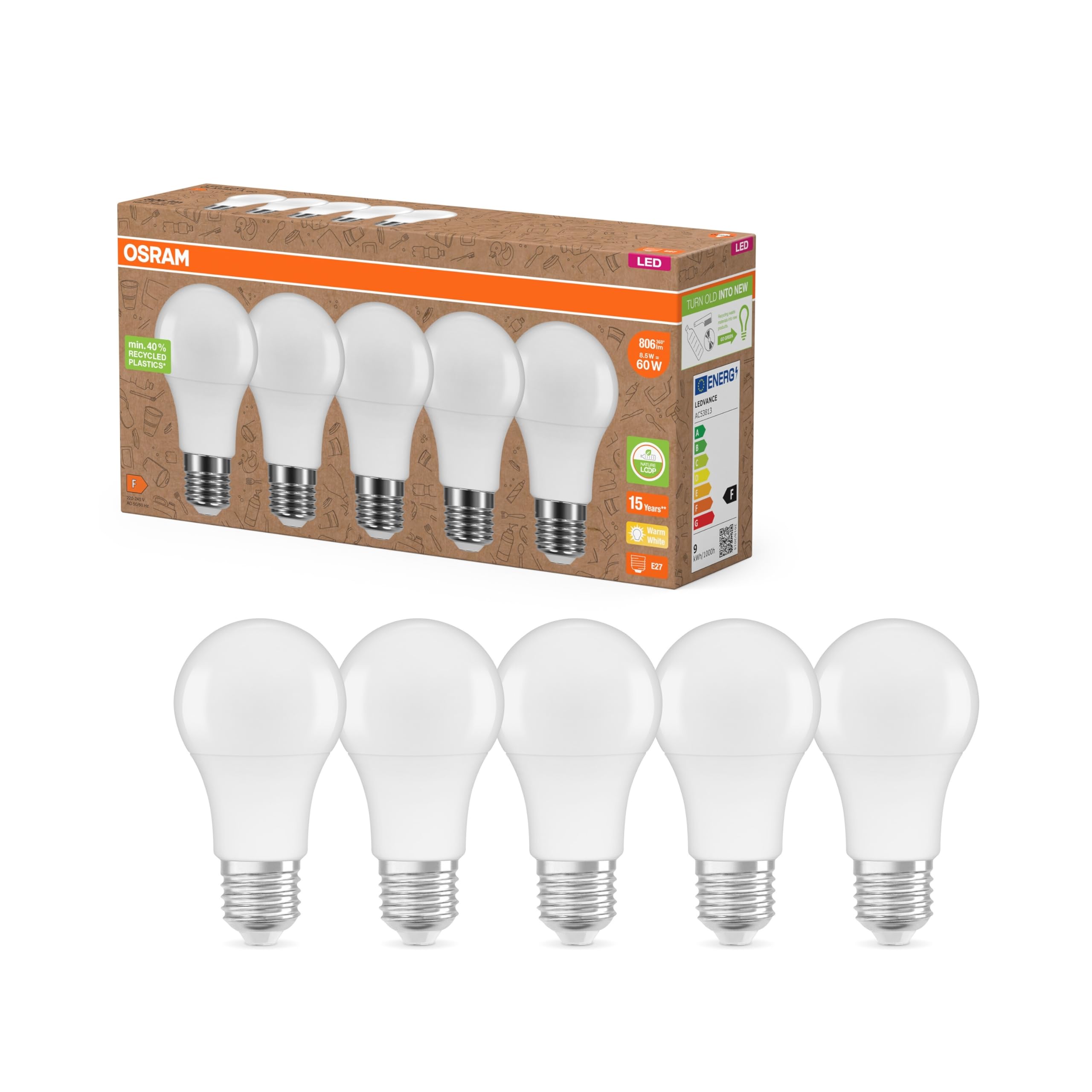 Osram Nature Loop – LED nachhaltige lampen aus recyceltem Plastik, Vorteilspack mit 5 Leuchtmittel, ersetzt herkömmliche 60 W Glühbirnen,warmweiß(2700K), umweltschonend