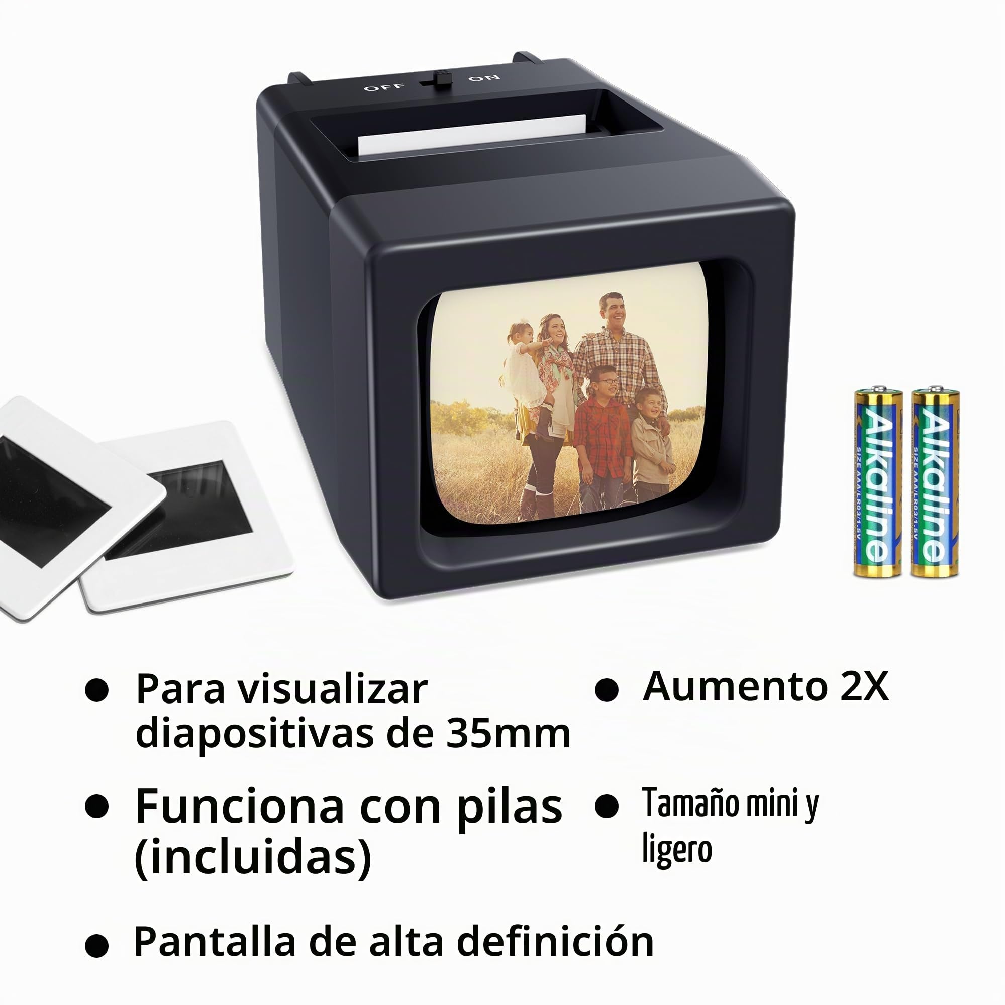 Proyector de Diapositivas de 35 mm y Visor con 2 aumentos y iluminación LED para Diapositivas Antiguas y Negativos de 35 mm (Incluye 2 Pilas AA)