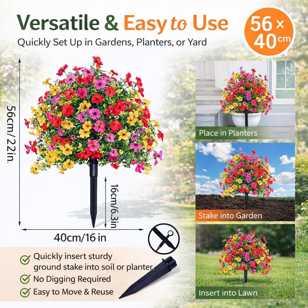 Artificial Flowers for Outdoors, UV Resistant Faux Topiary Ball Plants with Ground Stakes, 22 Inch Realistic Fake Greenery Bushes, Waterproof Fade Proof for Garden Porch Patio Yard Decor, 2 Pack