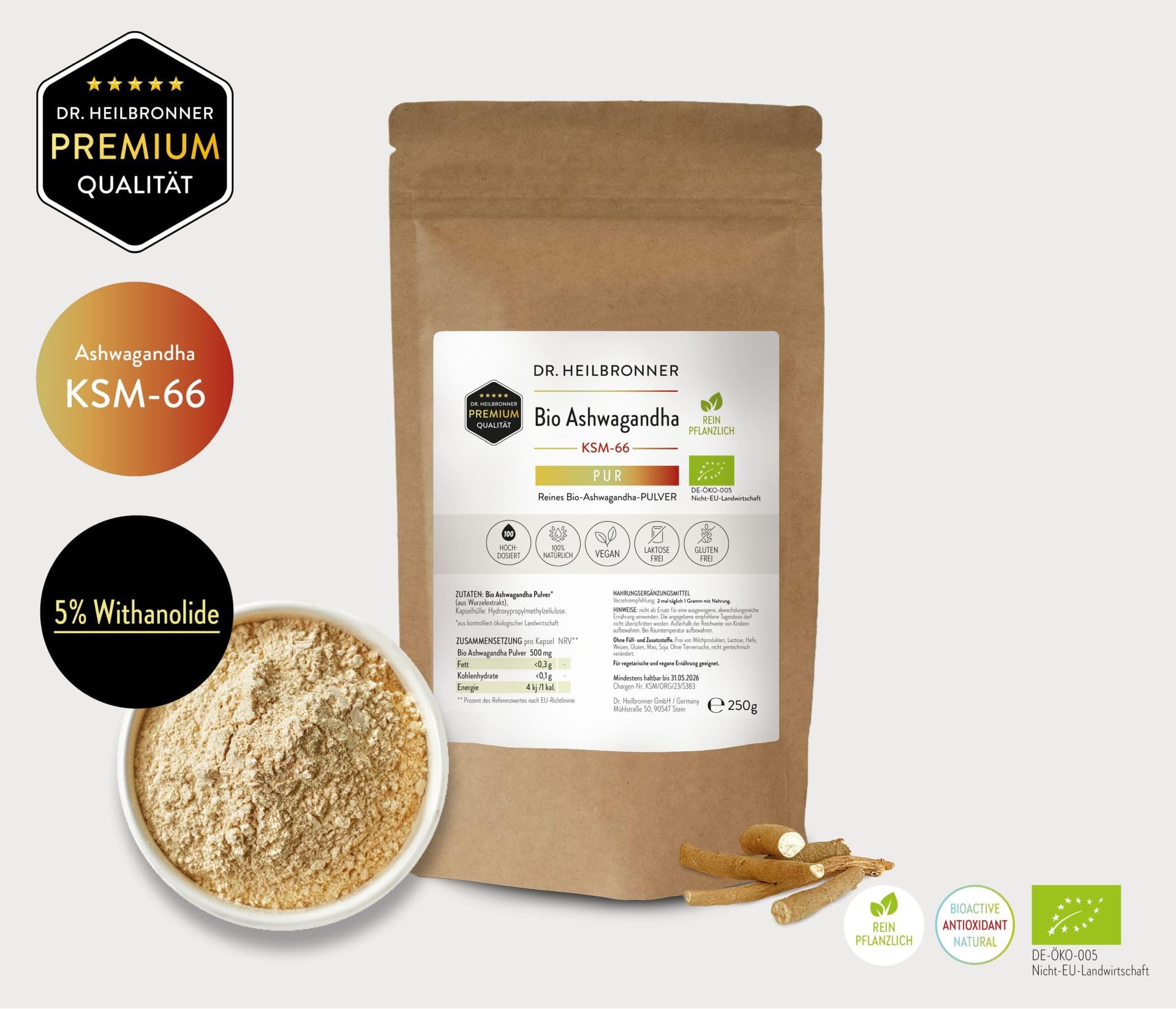 Dr. Heilbronner Bio Ashwagandha PUR Pulver KSM-66 – 250g