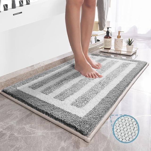 Linarun Grey Bath Mat Geometric Bathroom Floor Mats, Super Absorbent Bath Mats Non Slip, Microfiber Extra Soft Machine Washable & Quick Dry, Non-Shedding Bath Mats for Bathroom, 40x60