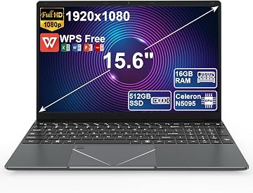 PINSTONE - Ordenador portátil de 15,6 pulgadas, PC portátil de 16 GB LPDDR4 RAM 512 GB SSD, procesador Celeron N5095 Quad Core, reconocimiento de huellas dactilares, HDMI, Bluetooth 4.2, WiFi 5, USB
