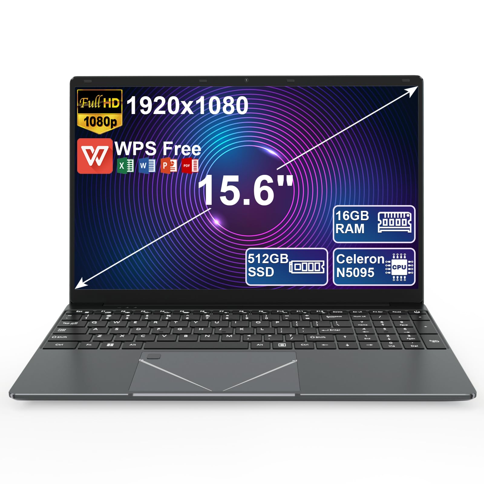 PINSTONE Ordinateur Portable 15,6 Pouces, PC Portable Celeron N5095 | 16 Go RAM 512 Go SSD, Écran Full HD, Lecteur d’empreintes, HDMI, WiFi 5, Bluetooth, pour Bureau et Études