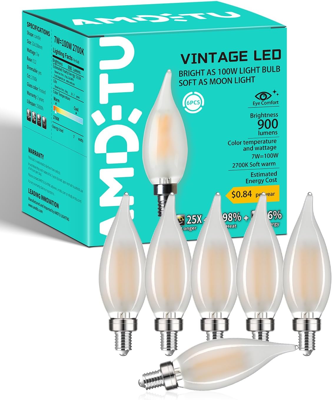 E12 100W Equivalent Frosted LED Candelabra Bulb CA10, Dimmable Small Base for Chandeliers, Ideal for Living Rooms, Dining Areas, and Hallways, Energy-Efficient for Cozy Indoor Lighting