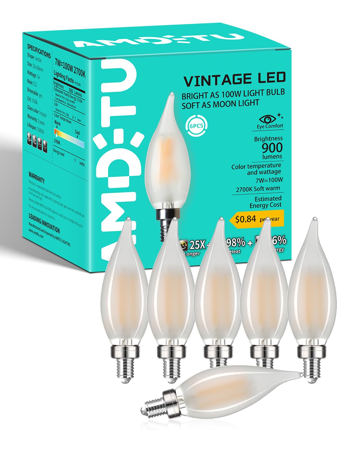 E12 100W Equivalent Frosted LED Candelabra Bulb CA10, Dimmable Small Base for Chandeliers, Ideal for Living Rooms, Dining Areas, and Hallways, Energy-Efficient for Cozy Indoor Lighting