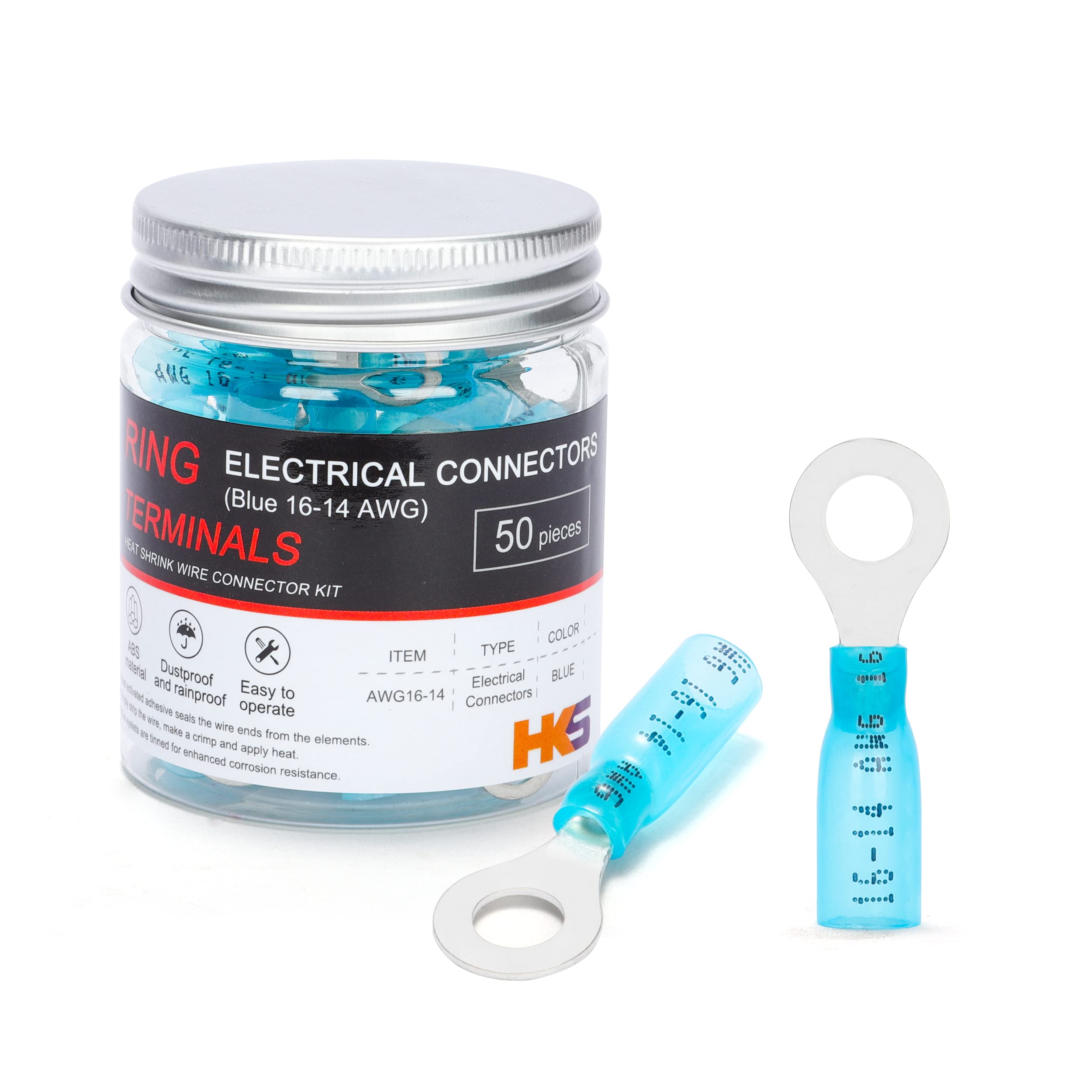 HKS 50 PCS Ring Terminals 1/4" Blue 16-14 AWG - M6 - Electrical Connectors - Heat Shrink Wire Connector Kit - Tinned Red Copper - Automotive Marine