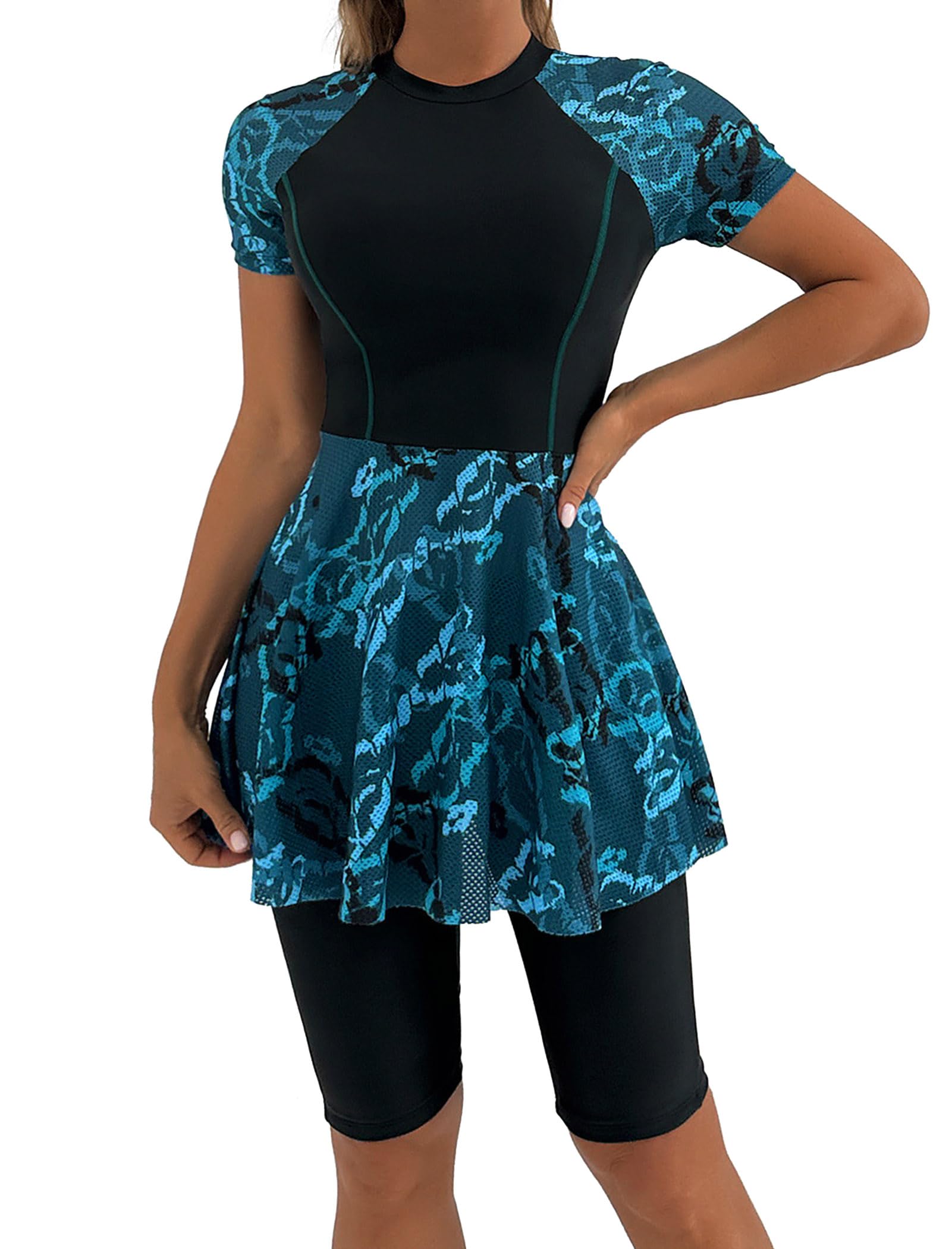 FYMNSI Women Split Two-Piece Swimsuit Breathable Mesh Short Sleeve Floral Print Swim Dress with Boyshorts Modest Bathing Suit