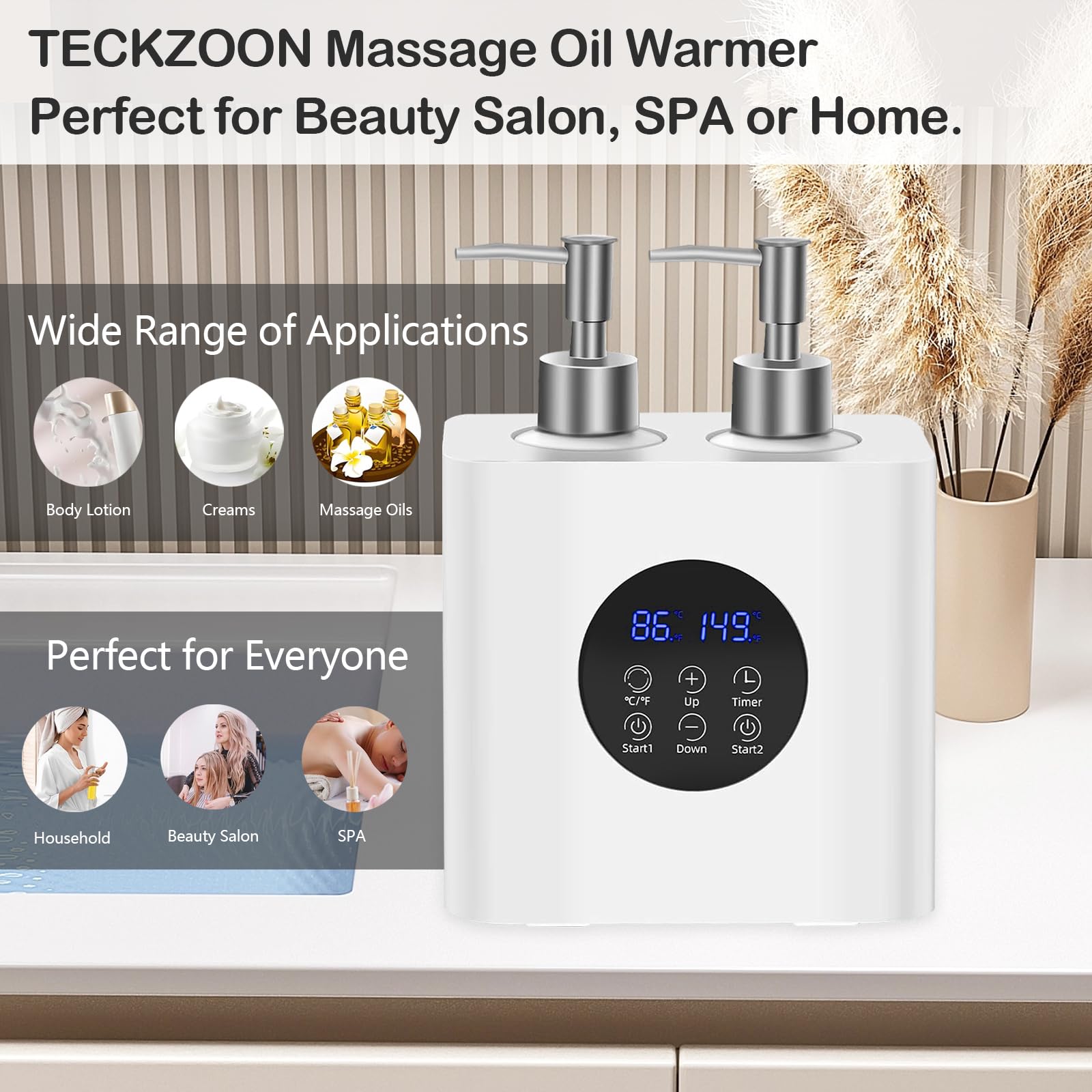 Chauffe-huile de massage double avec quatre distributeurs de bouteilles d'huile, 900ml réglable en continu 0-65°C contrôle thermostat lotion avec protection anti-gouttes pour salon & ménage SPA