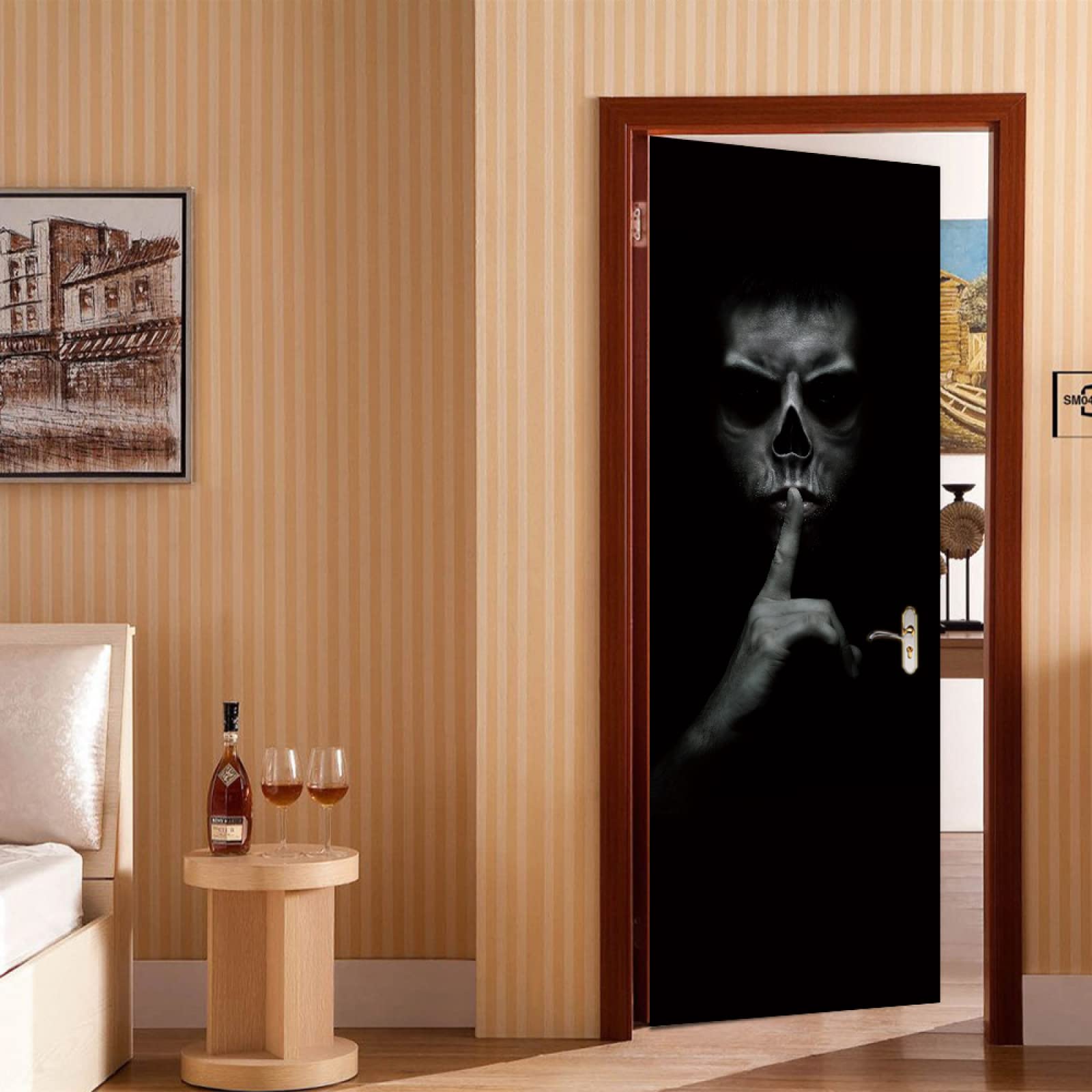 Autocollant Porte 3D Squelette Salle De Bain 100x200cm - Papier Peint Mural Amovible