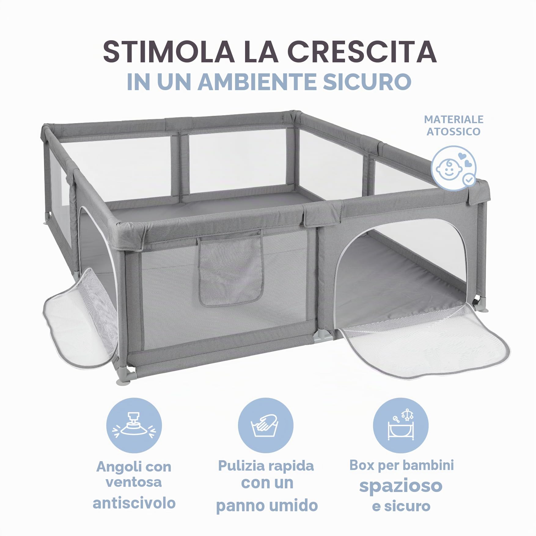 MS BabyWorld - Recinto per bambini XXL + Tappeto gioco per bambini 180 * 200 cm - Tappeto bifacciale, altamente imbottito (spessore 1,5 cm), Box molto grande e alto - pieghevole e con borsa trasporto