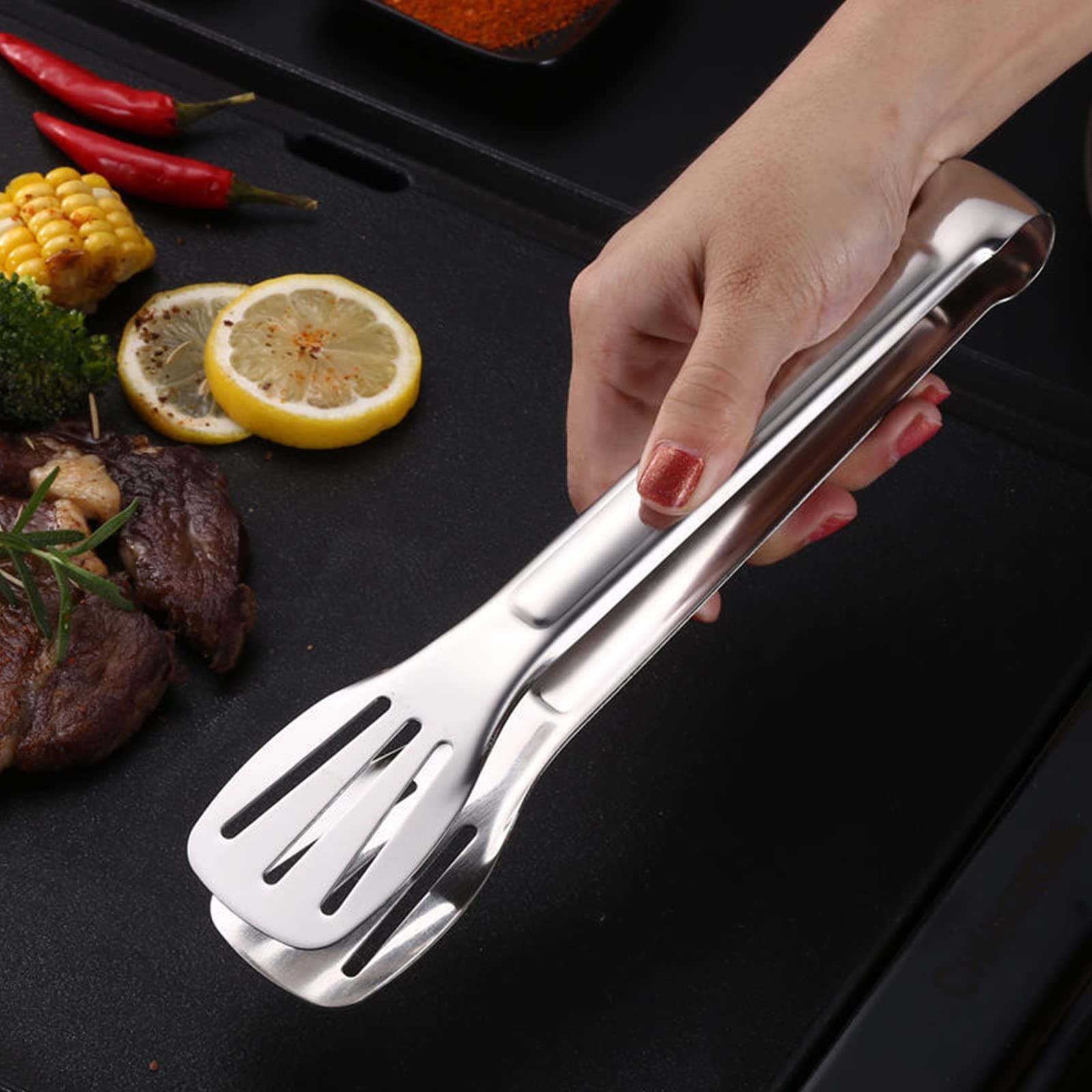 Paquete de 2 pinzas de cocina de acero inoxidable con bloqueo para cocinar, barbacoa, parrilla, pinzas de cocina, resistentes al calor de alta resistencia (2 unidades (7 pulgadas y 12 pulgadas) 4