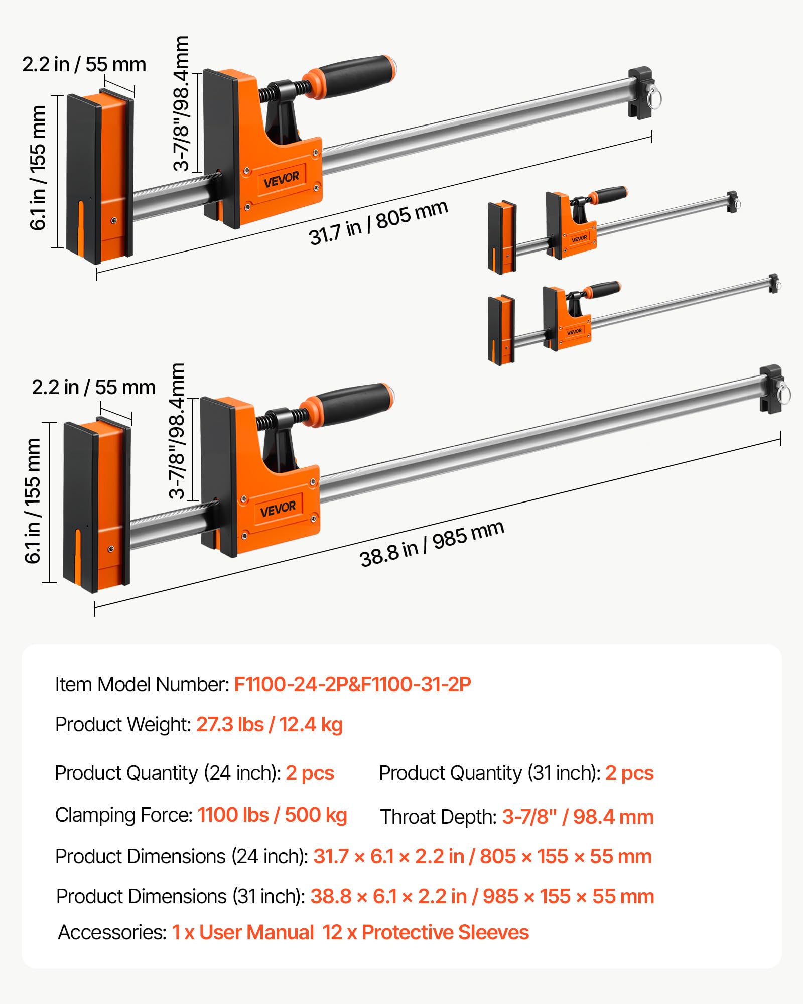VEVOR Schraubzwingen 4er-Pack, 60,96 cm & 78,7 cm F-Zwingen, 500 kg Klemmzwingen, 2-fach Klemm-/Spreizfunktion, Weiche Gummifüße, Stange aus Kohlenstoffstahl, für Holz- & Metallbearbeitung
