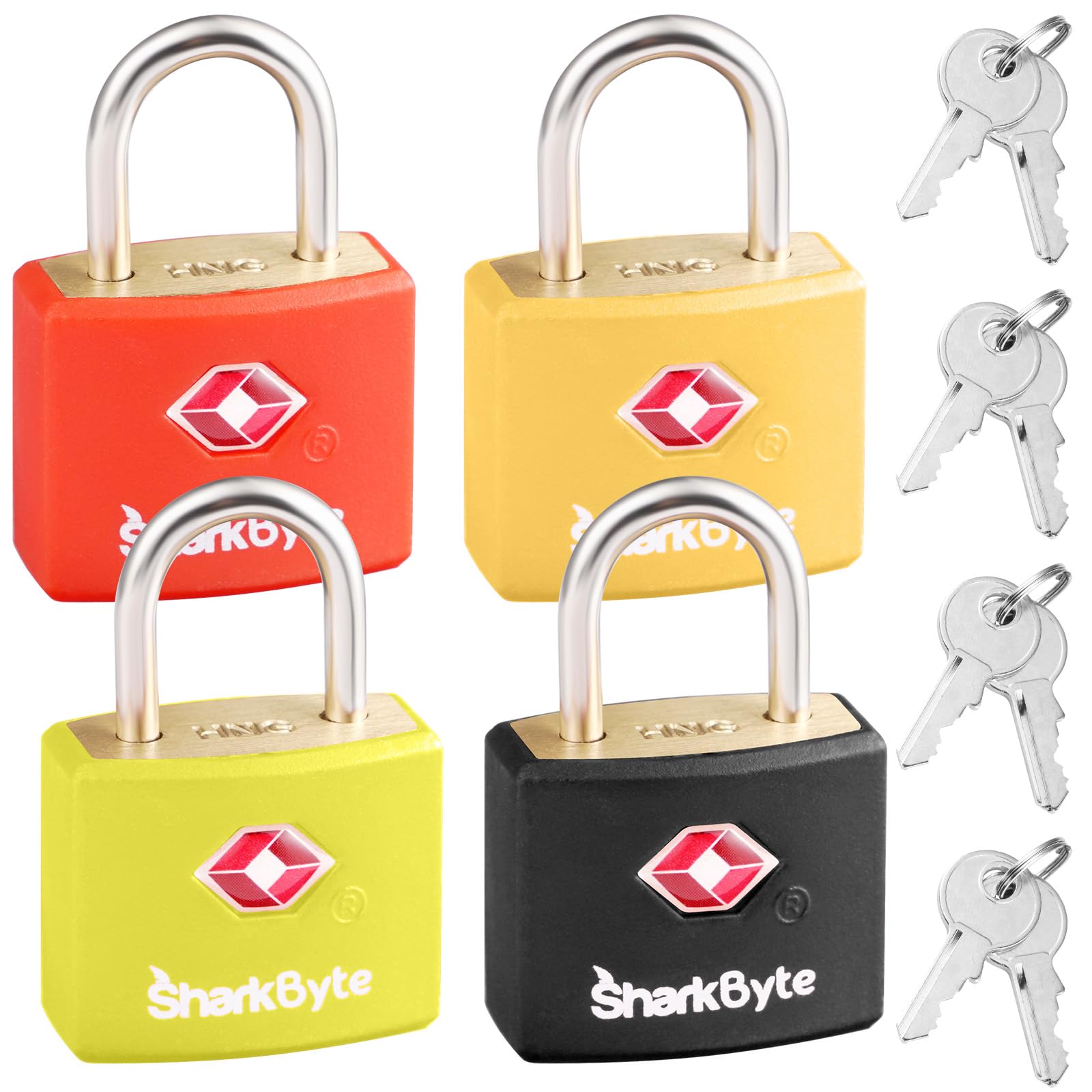 SharkByte TSA - Lucchetto per valigie, confezione da 4 colori, 8 chiavi, bagagli con chiave piccola, borse per laptop, zaini Confezione Da 4, Multicolore