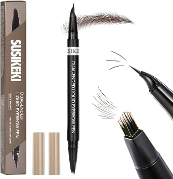 Dual-Ended Microblading Eyebrow Pencil for Women, 2 in 1 Liquid Eyebrow Pencil with Curved Tip and 4D Brow-Fection Microblading Pen, Shaped Fill HairLike Waterproof Eyebrows (03 Dark Brown)