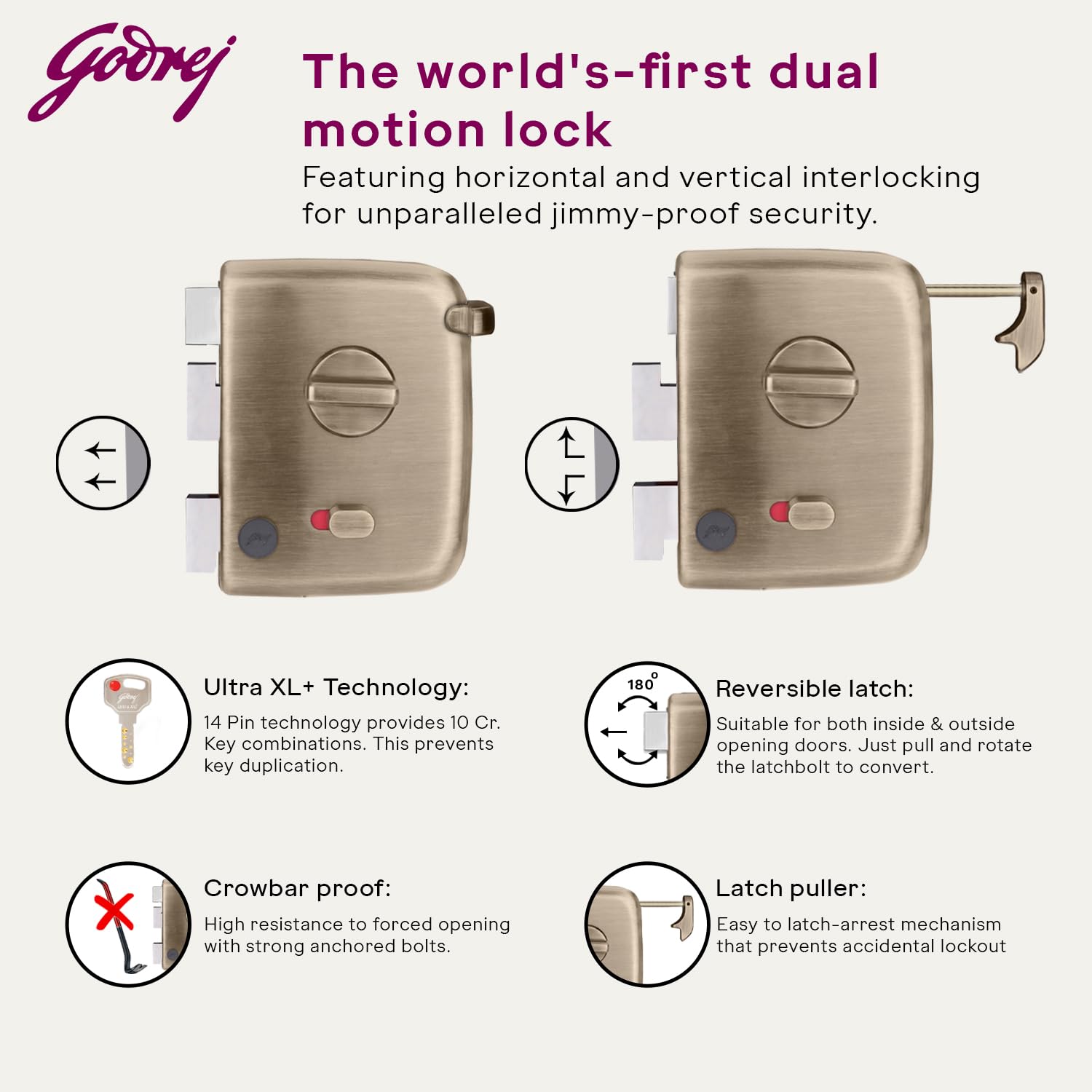 Godrej Centaur Rim Lock I World's 1st Dual Motion Lock | Ultra XL+ Technology | 1CK Latch Lock for Main & Safety Door I Suitable for Single & Double Wooden Door I Brass Finish | 5 Yeras Warranty — Amazon image 3