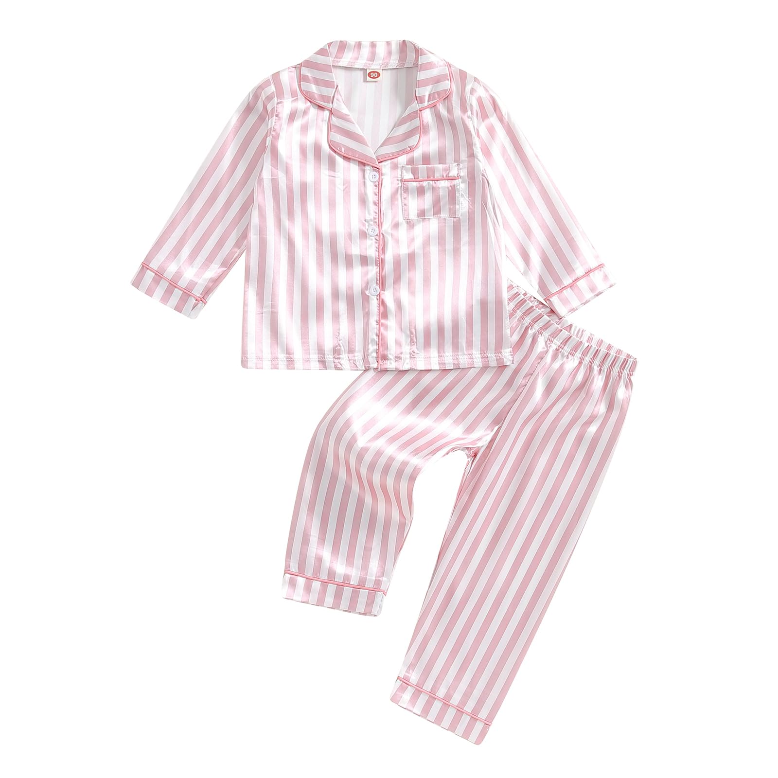 MAINESAKA Baby Girl Boy Silk Satin Pajamas Set Striped Long Sleeve Button Down Sleep Shirt Lounge Pants Pjs Kids Sleepwear (Pink, 18-24 Months)