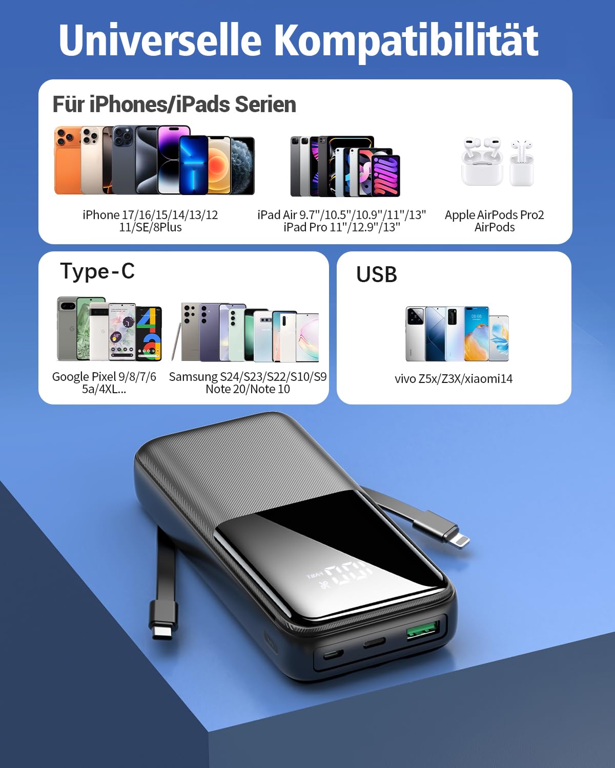 Power Bank 26800mAh, 22,5W USB C Schnellladung Powerbank mit 3 Anschlüssen & 2 integrierten Kabeln, Externer Akku Tragbares Ladegerät Kompatibel mit iPhone 17 16 15 14 13 Android, Schwarz