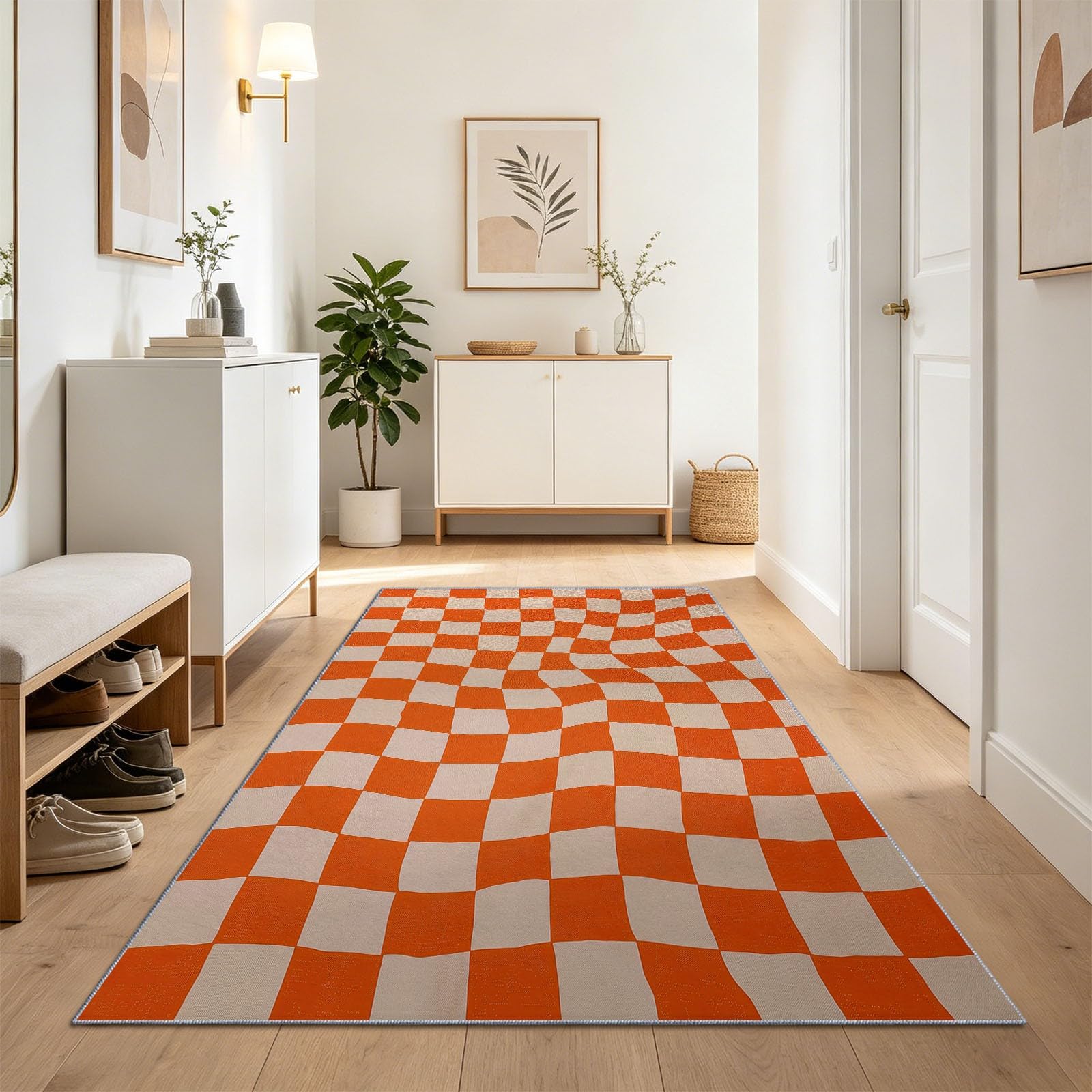 Tapis couloir 80x200 cm orange à motif échiquier et envers antidérapant