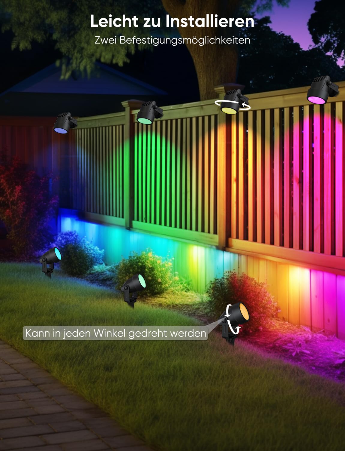 APPECK Gartenstrahler, WiFi Smart Gartenbeleuchtung mit Strom, RGBW Farbe ändernde intelligente Niederspannungs-Spot-Lichter, mit App/Sprachsteuerung, für Patio Garten Einfahrt Gehweg, 6 Stück