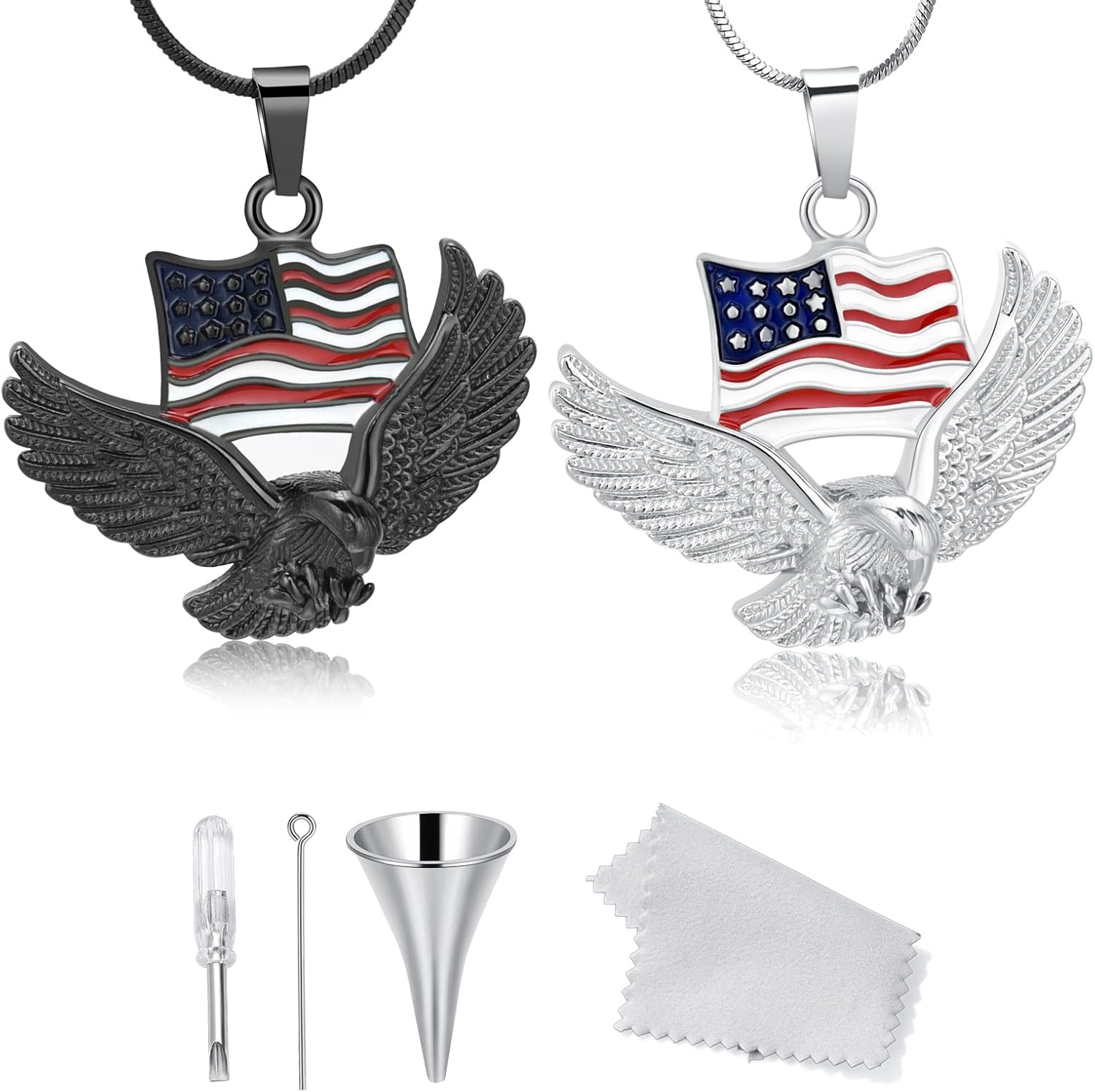 2PCS Necklace for Men,Stainless Steel Jewelry of Eagle with American Flag Pendant Necklace for Men Boys Patriotic Gift