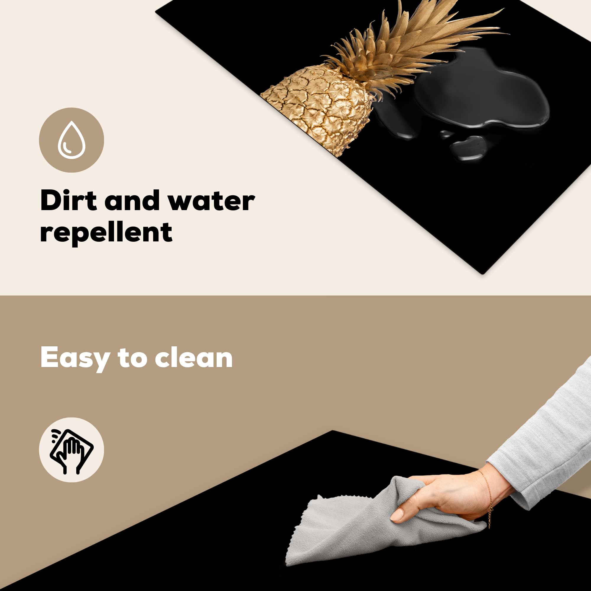 KitchenYeah© Inductie Beschermer 91x52 cm Keuken Decoratie Kookplaat Beschermer voor Inductiekookplaat Afdekplaat Anti Slip Mat - Ananas - Goud - Verf - Zwart - Fruit - Luxe