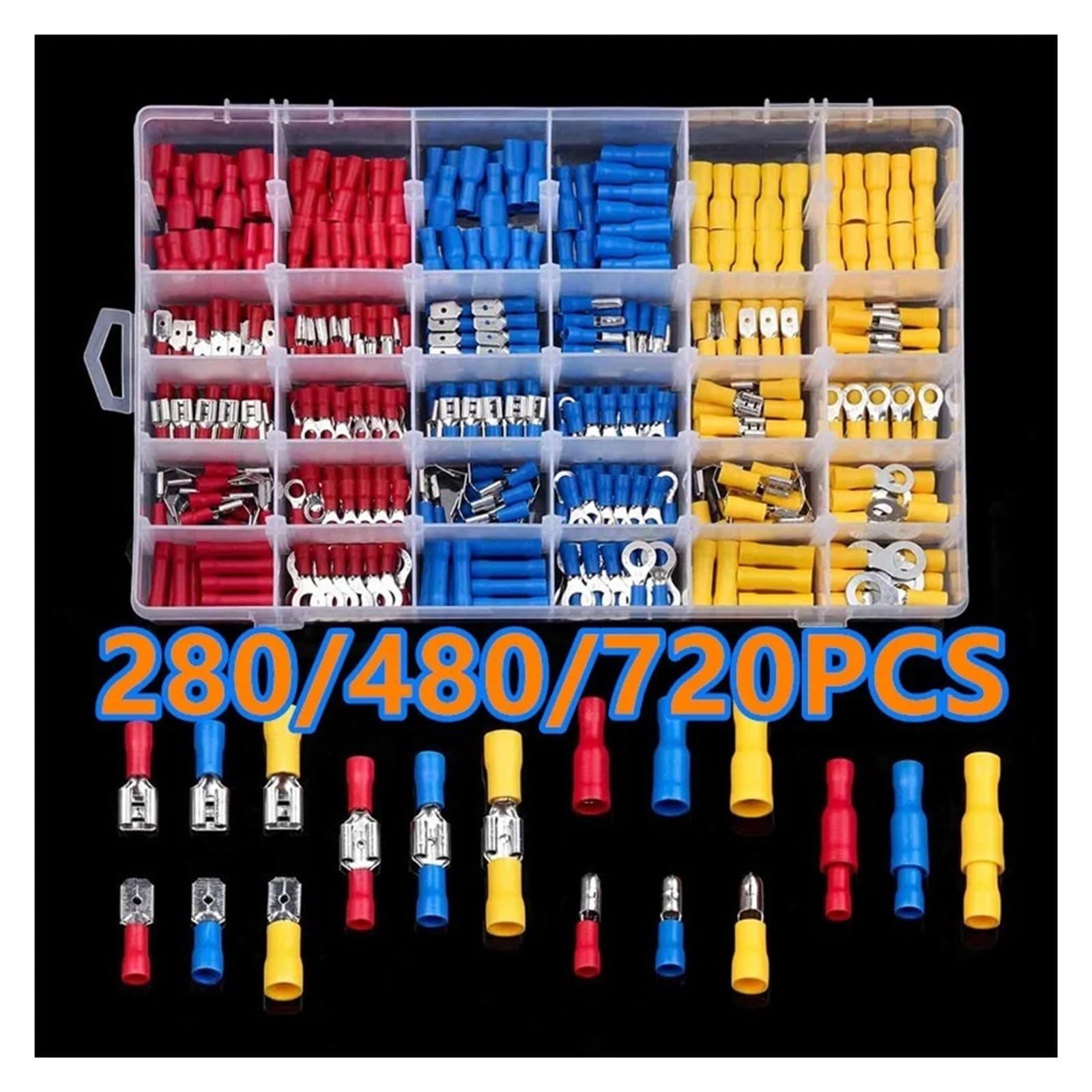 280/480/720PCS isolierte Kabelverbinder, elektrische Drähte, verschiedene Crimp-Anschlüsse, Spaten-Kolben-Ring-Gabel-Set, gerolltes Kit(480PCS)