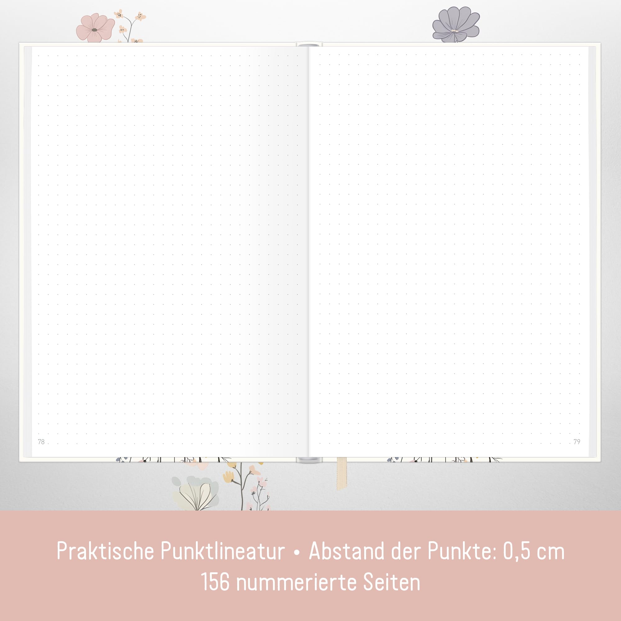 Häfft paper&you® dotted Journal A5 – notes w kropki „Flower Joy” | 156 ponumerowanych stron w kropki, gumka i zakładka – do prowadzenia pamiętnika, szkiców, list i kreatywnych notatek