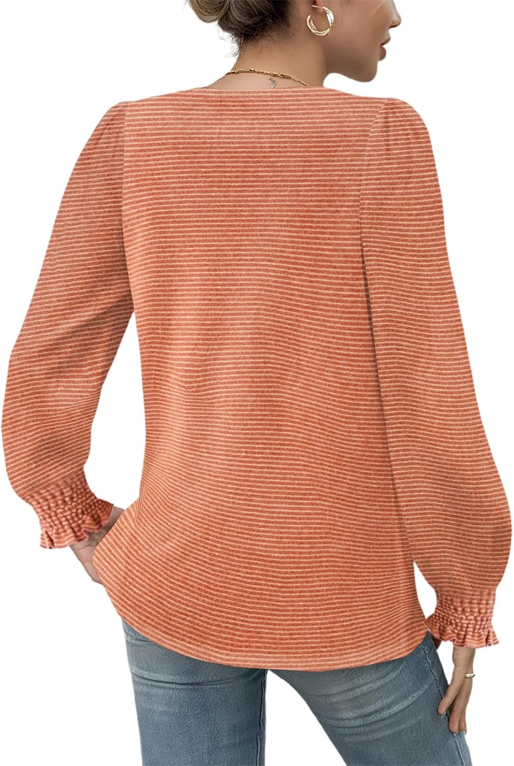 Yousify Women V Neck Striped Shirt Puff Ruffle Trim Long Sleeve Tunics Fall Basic Work Tops Casual Fleece Thermal Shirts - Image 5